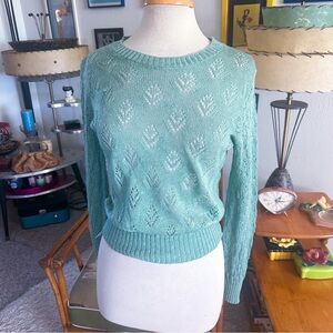 Vintage 1940s Style Sweater l Light Green | S M l 80s l 40s | Open Work Knit